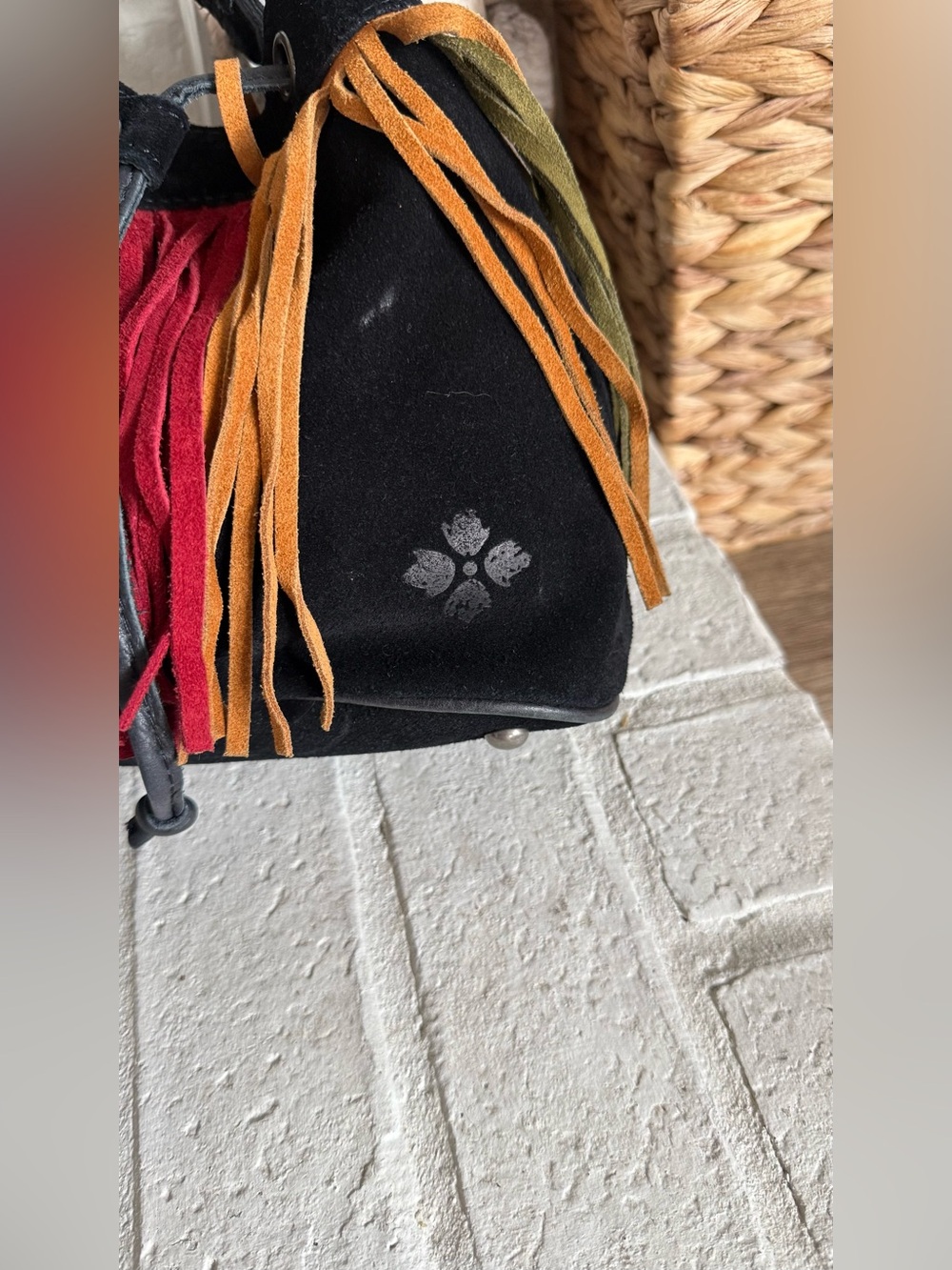 Patricia Nash Elisa Black Suede Multicolor Fringe Bucket Bag Boho Western - Picture 3 of 12